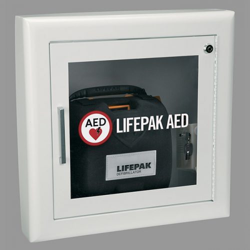 PHYSIO-CONTROL AED WALL CABINET WITH ALARM, FIRE RATED-WHITE SEMI-RECESSED